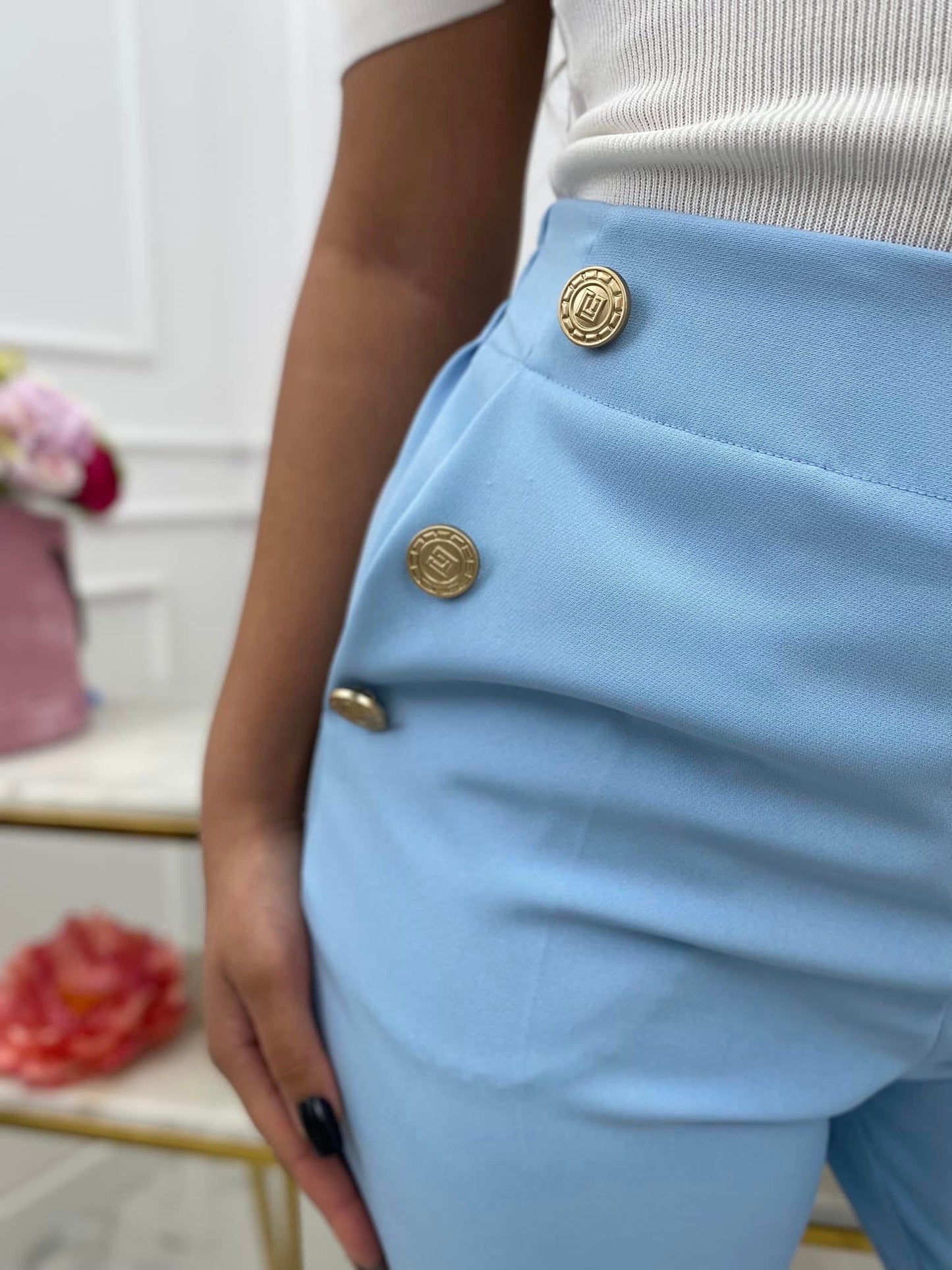 Light Blue High Waist Tapered Women's Pants With Pockets And Golden Buttons