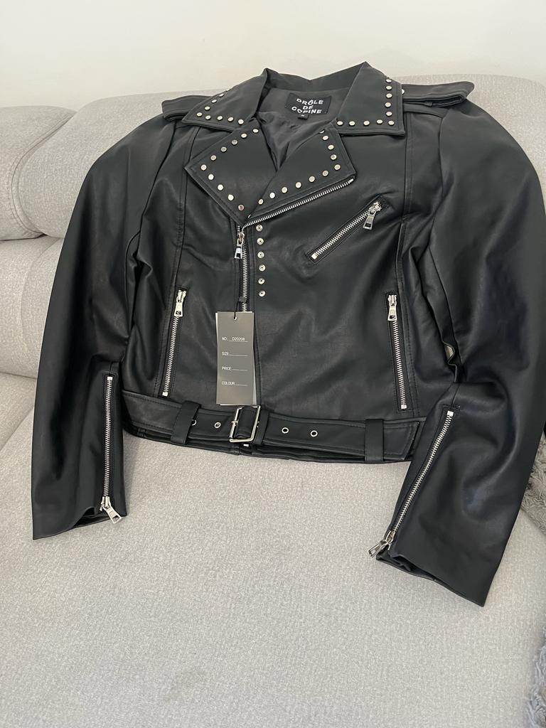 Black Faux Leather Biker Jacket With Silver Studs