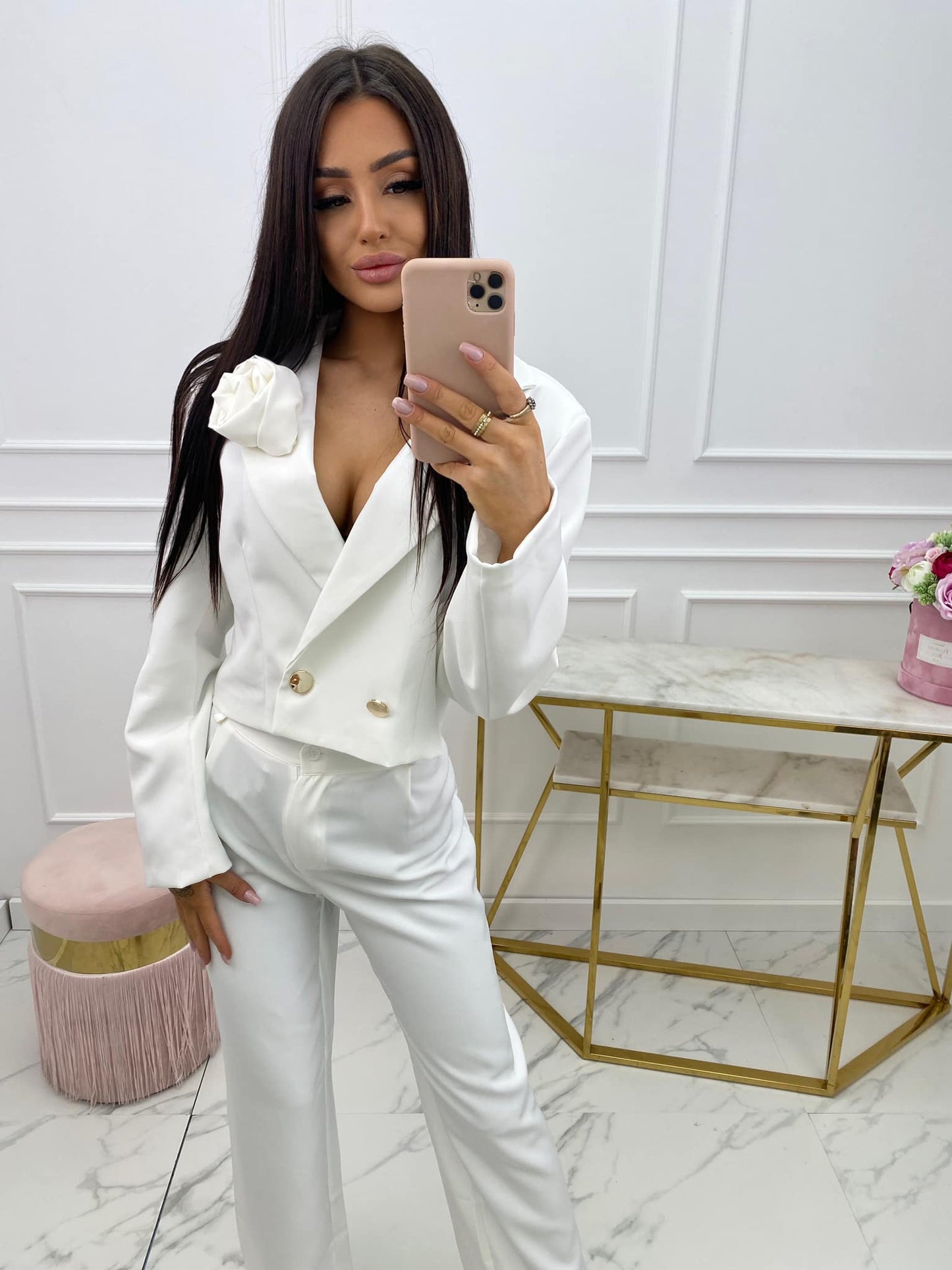 White Two Piece Suit Set, Short Blazer With Wide Leg Trousers One Size 8-12 UK