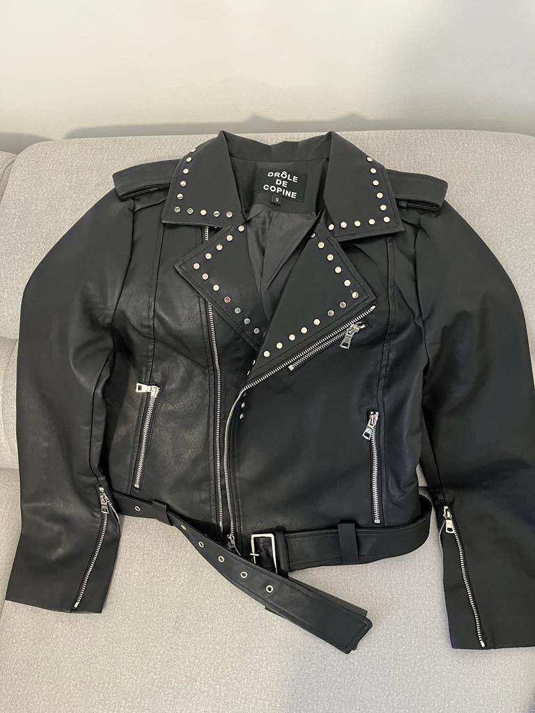 Black Faux Leather Biker Jacket With Silver Studs