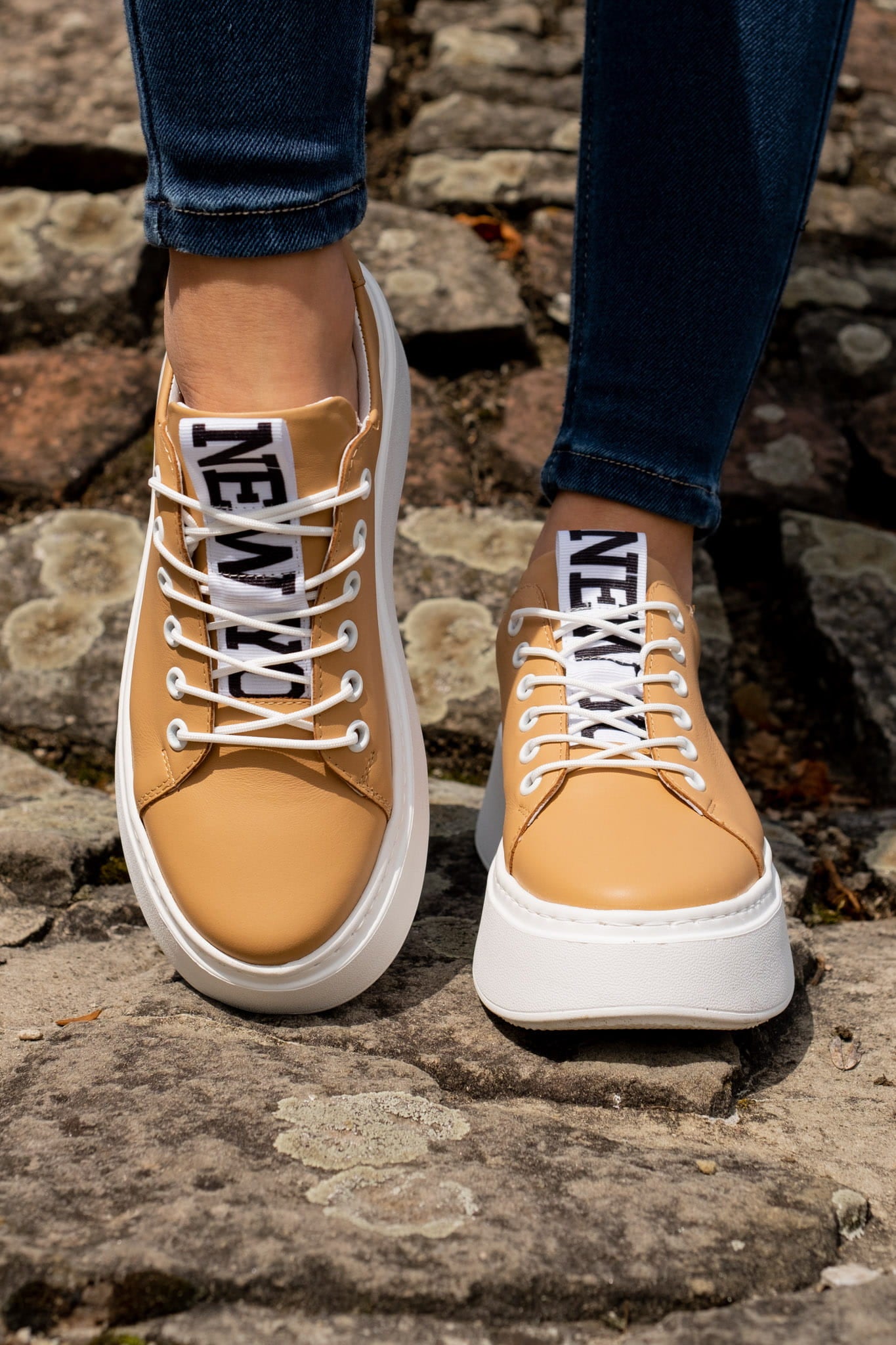 Camel Leather Platform Trainers, Nude Platform Loafers New York Print 3-7 UK