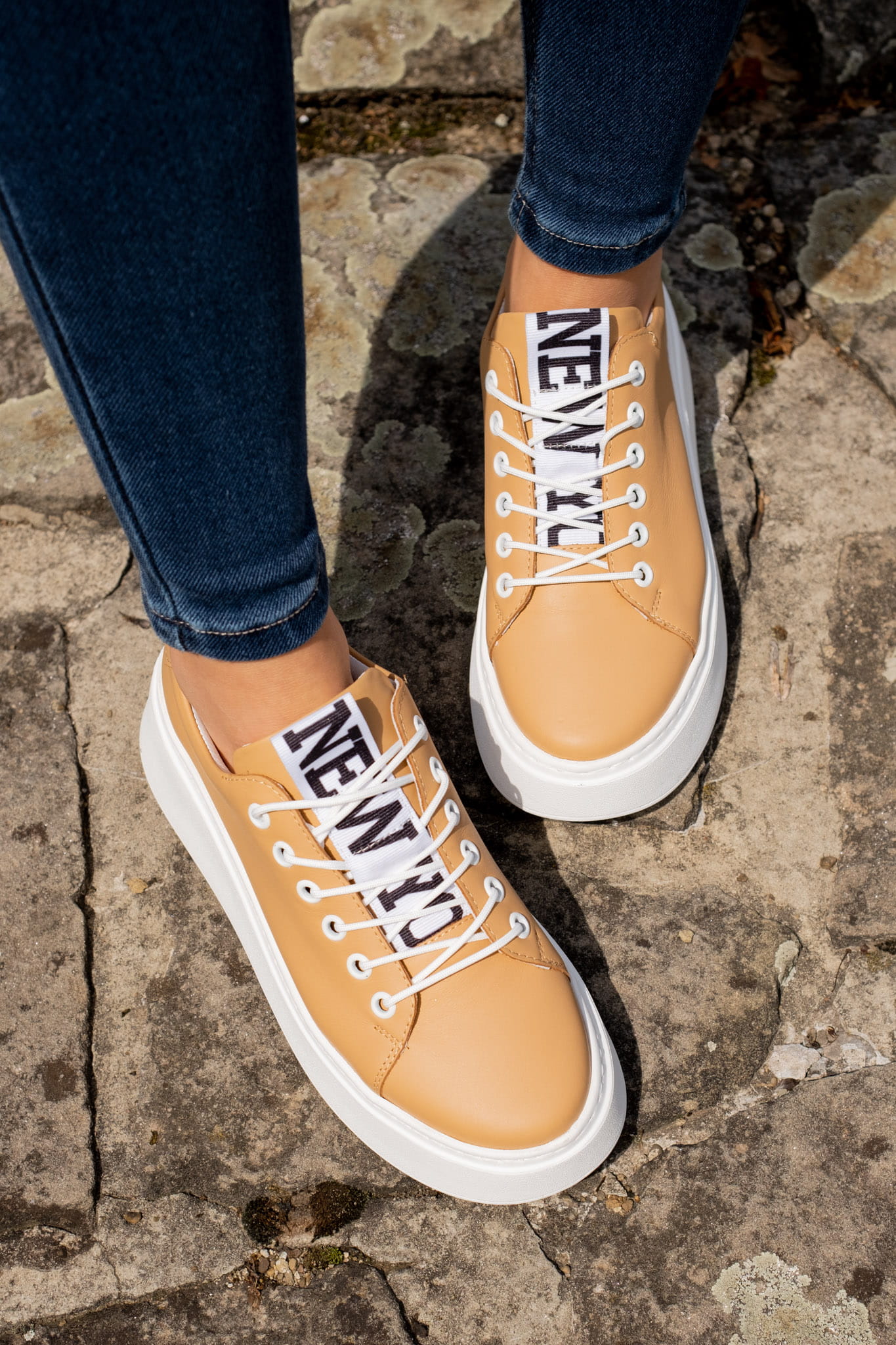 Camel Leather Platform Trainers, Nude Platform Loafers New York Print 3-7 UK