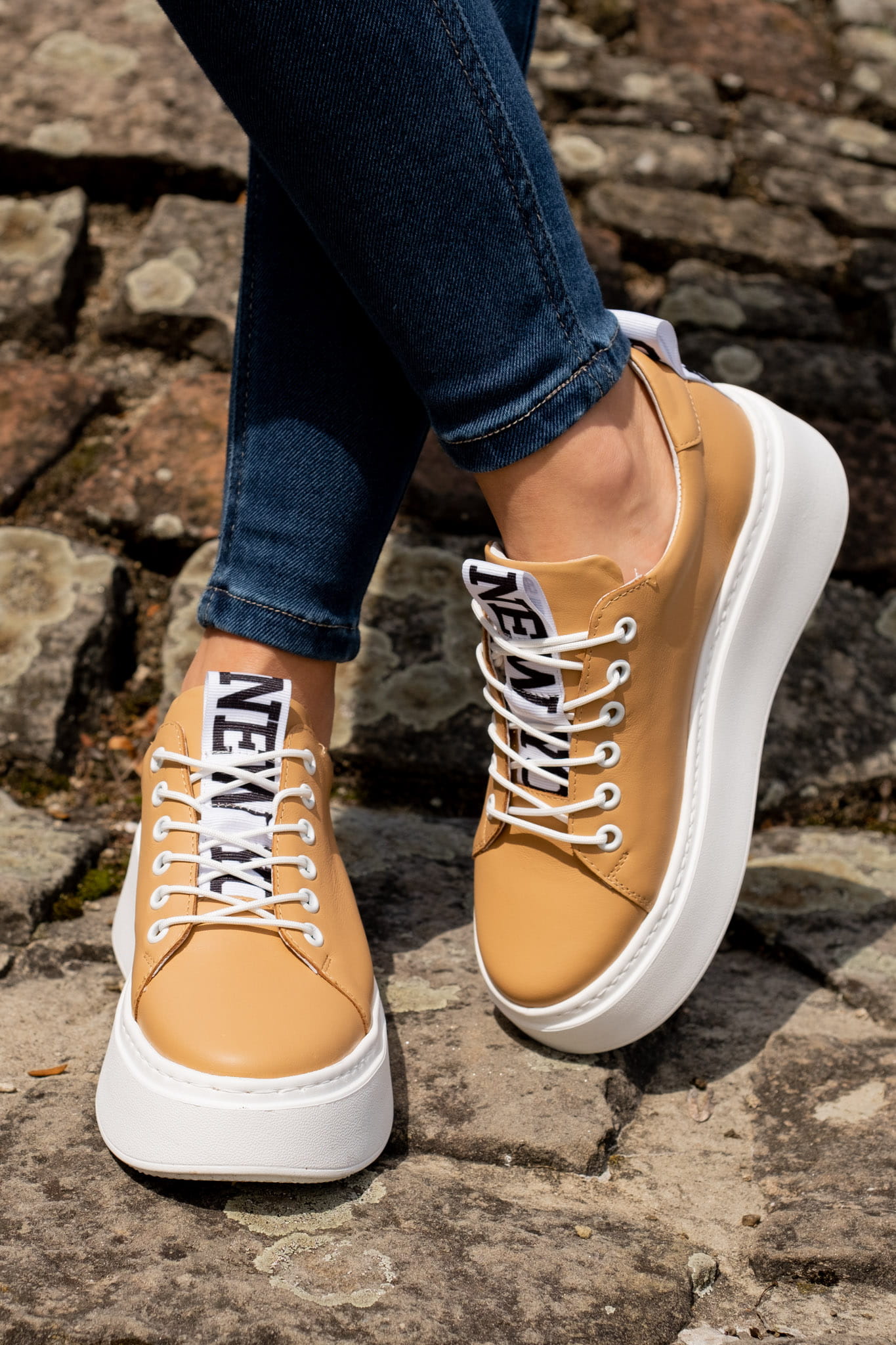 Camel Leather Platform Trainers, Nude Platform Loafers New York Print 3-7 UK