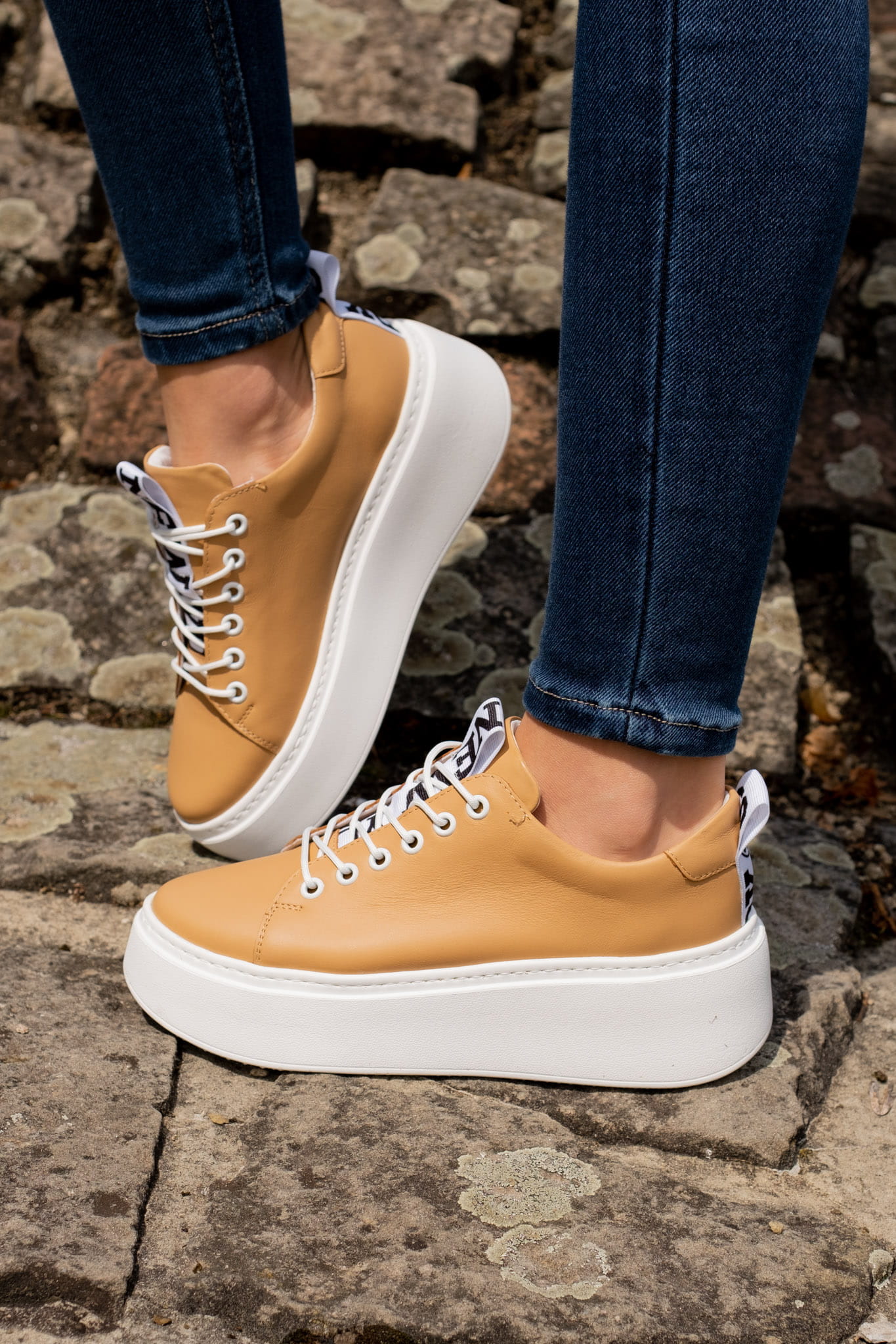 Camel Leather Platform Trainers, Nude Platform Loafers New York Print 3-7 UK