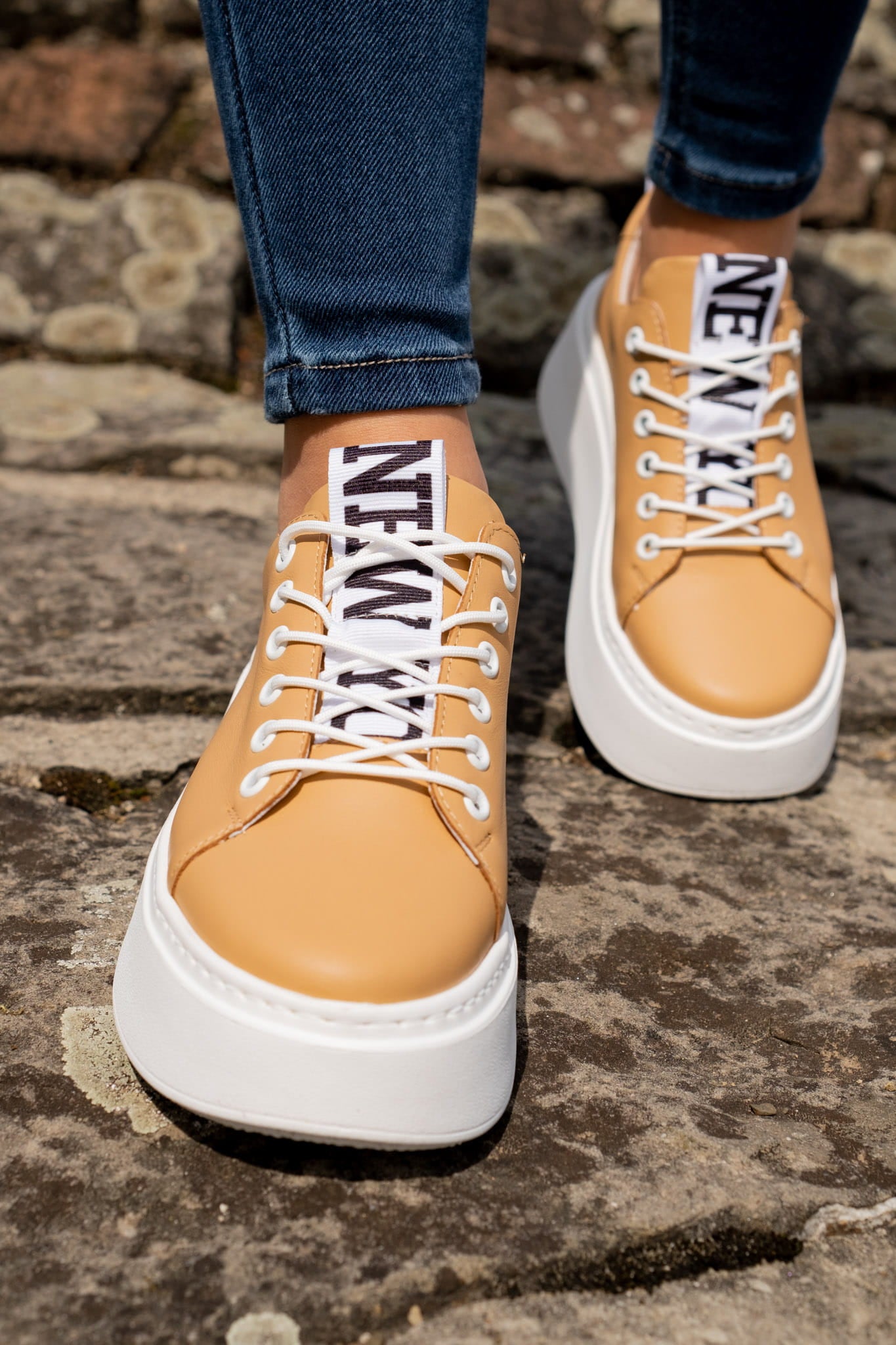 Camel Leather Platform Trainers, Nude Platform Loafers New York Print 3-7 UK