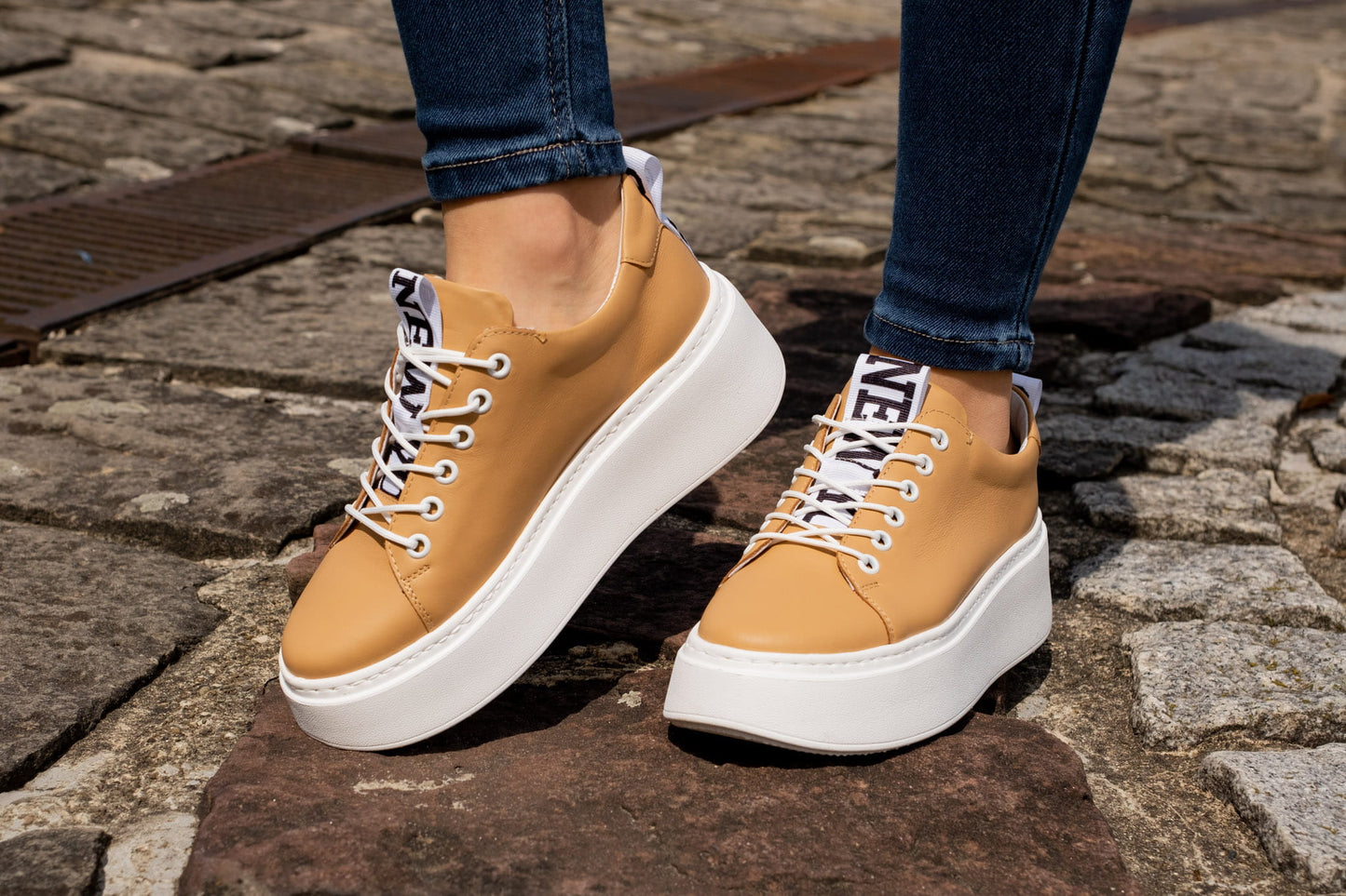 Camel Leather Platform Trainers, Nude Platform Loafers New York Print 3-7 UK
