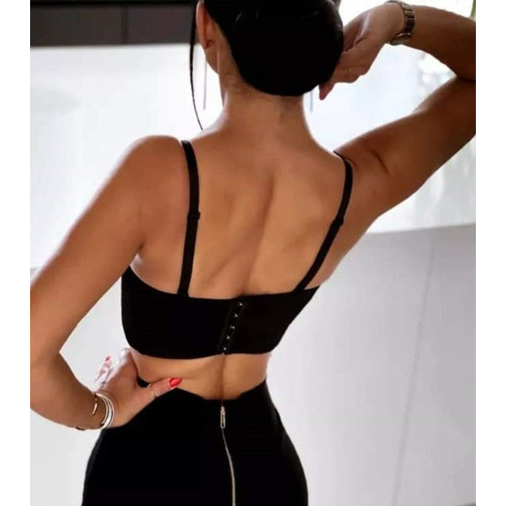 Black Corset Bustier Crop Top with Clear Rhinestones