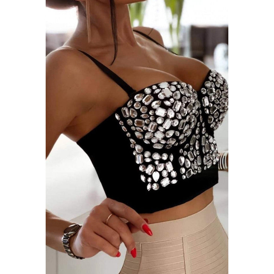 Black Corset Bustier Crop Top with Clear Rhinestones