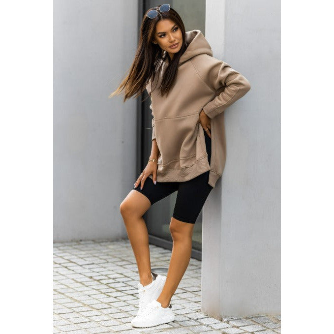 Women's tracksuit top, hoodie camel with pocket and splits on sides