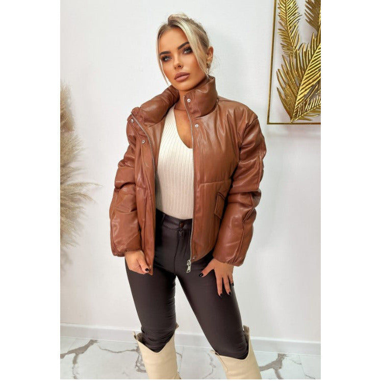 Faux leather short bomber jacket in camel