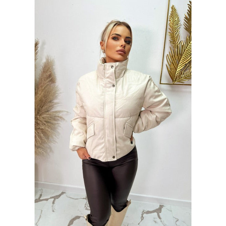 Faux leather short bomber jacket in camel
