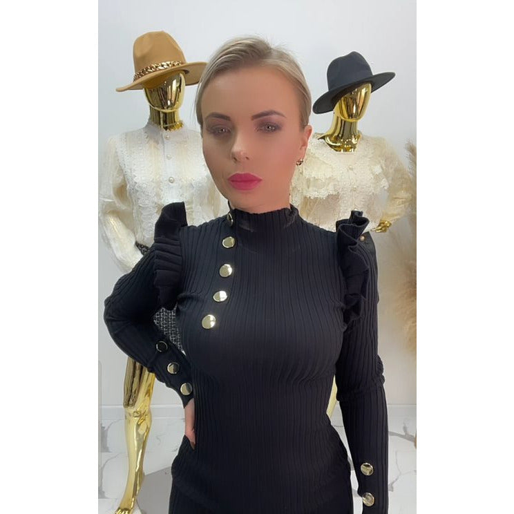 Knitted, ribbed dress with mock neck and long sleeves