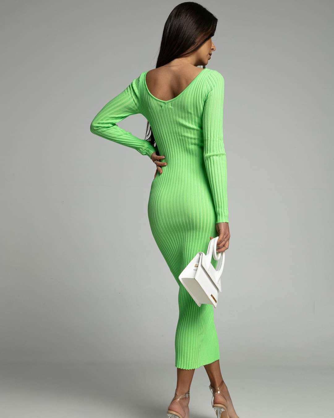 Summer style knitted, ribbed dress white and lime