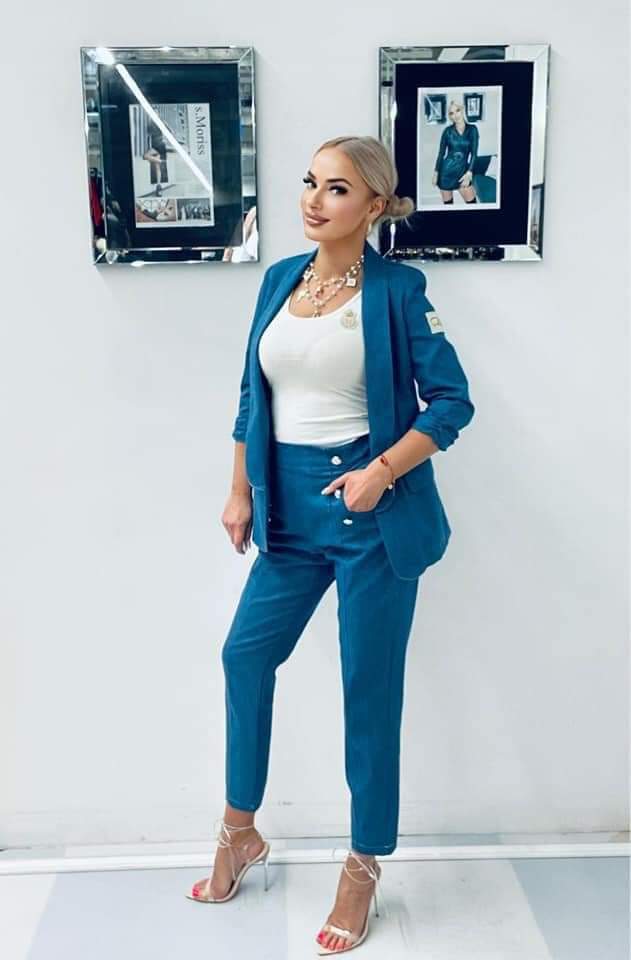 Blue Jeans Style Suit Open Blazer with High Waisted Cigarette Trousers