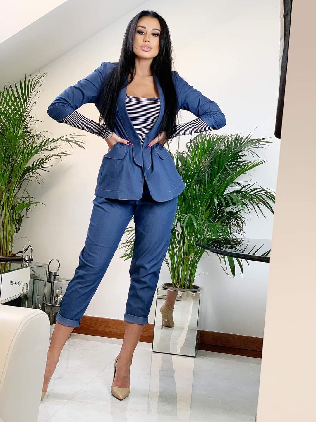 Blue Jeans Style Suit Open Blazer with High Waisted Cigarette Trousers