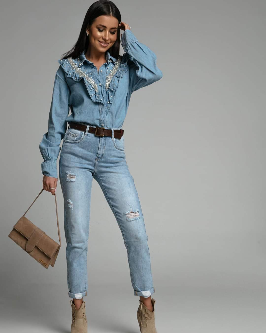 Blue Denim Smart Shirt With Decorative Beads