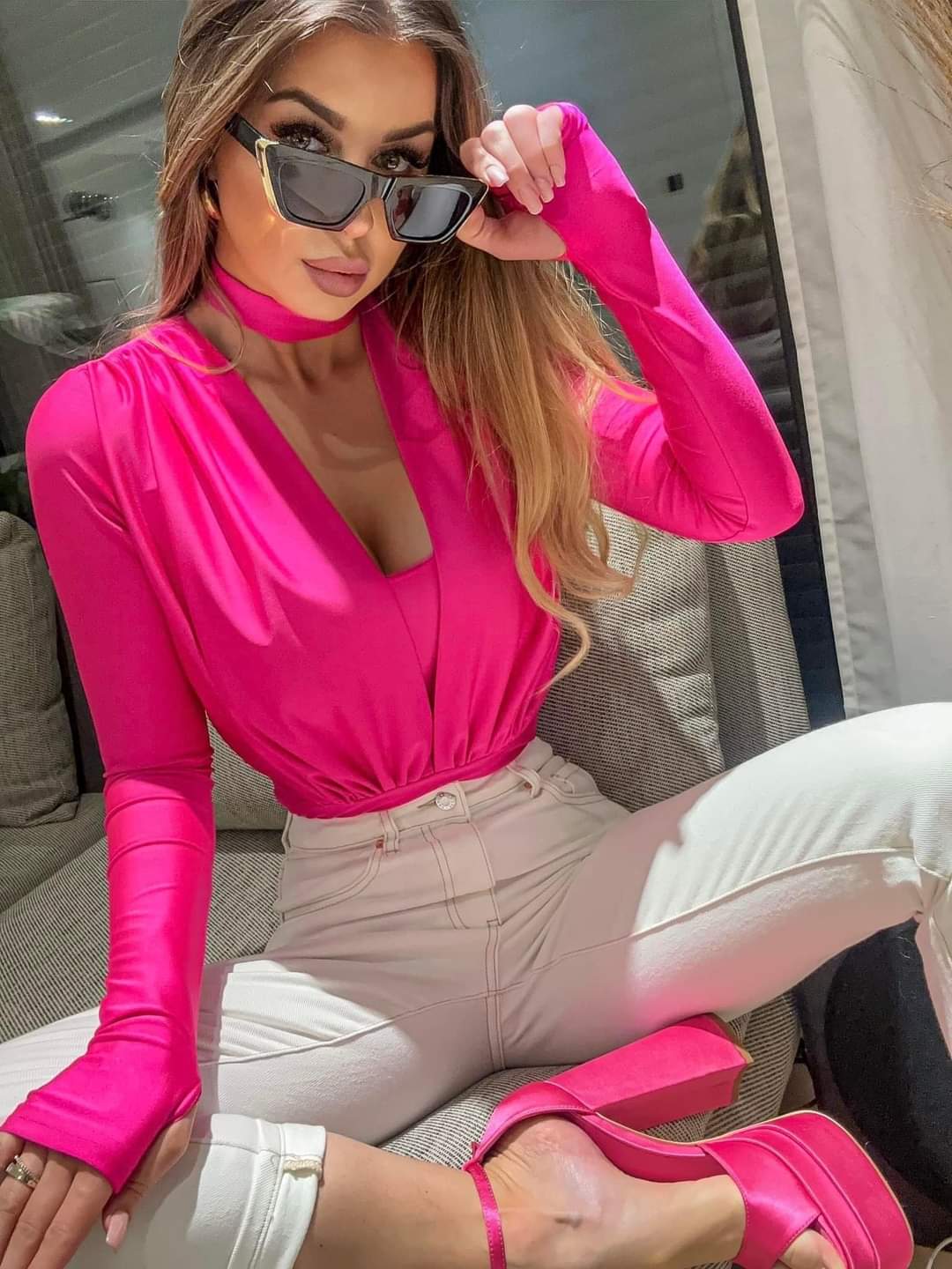 Lycra Choker Bodysuit Top In Pastel Pink, Blue And Green Colours