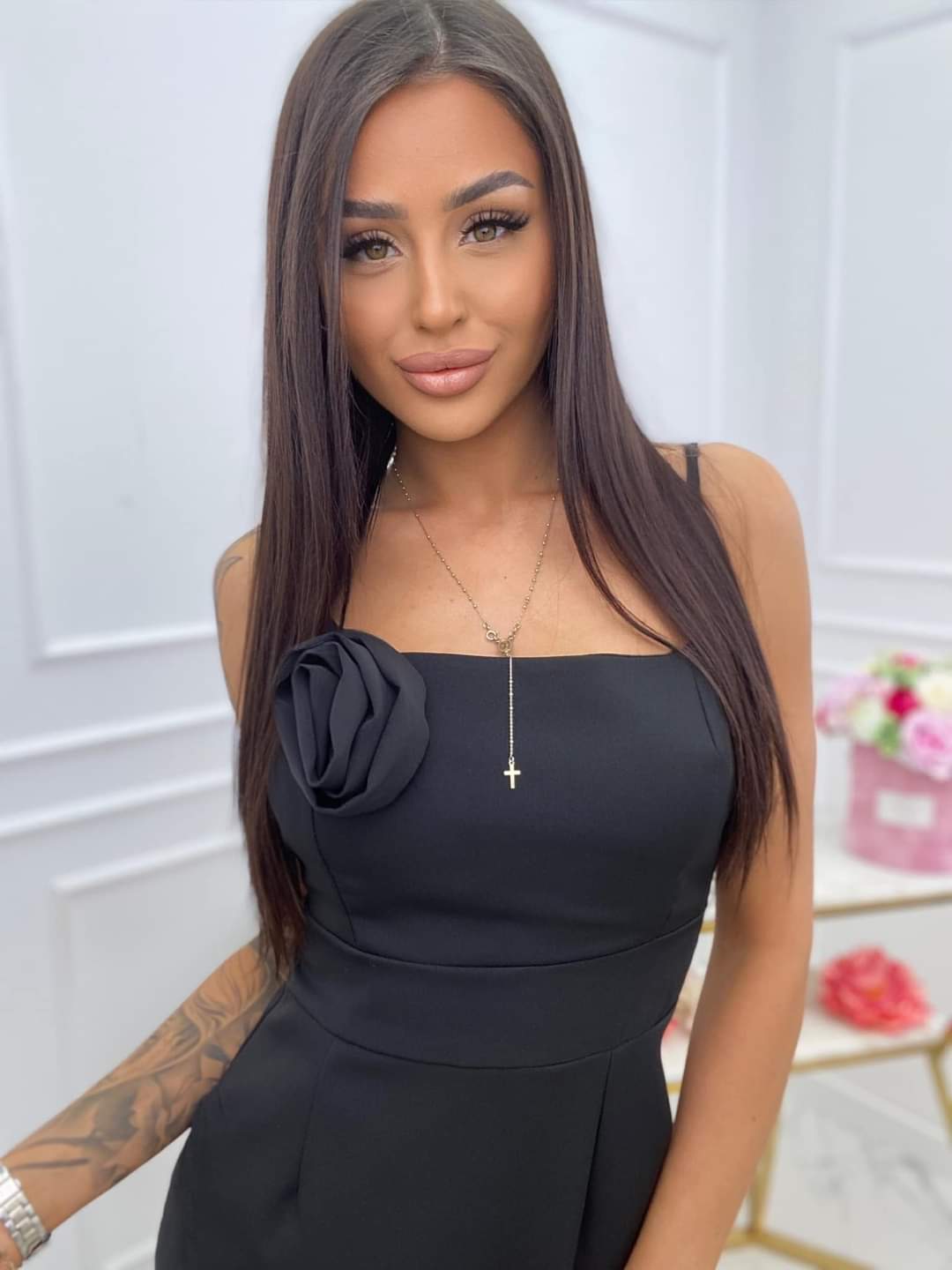Black Short Fitted Strappy Dress with Rose S/M