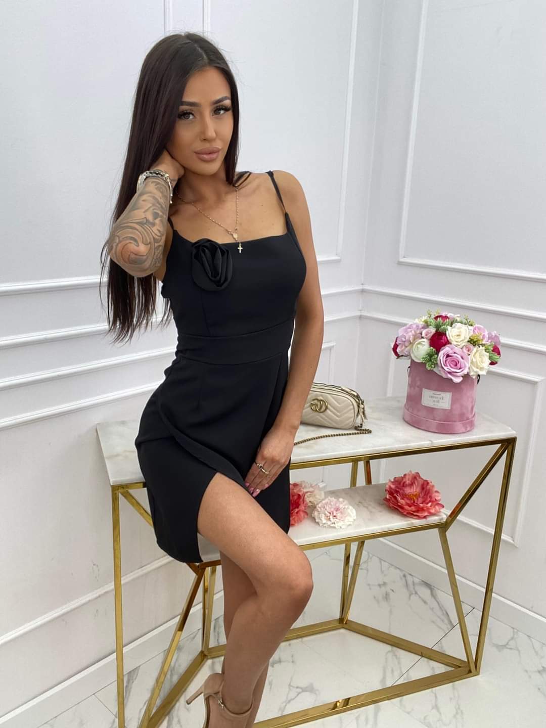 Black Short Fitted Strappy Dress with Rose S/M Stylenchic Black Short Fitted Strappy Dress with Rose S/M Stylenchic