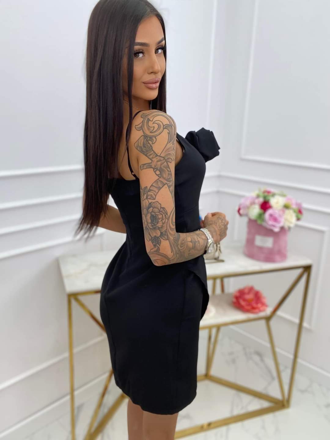 Black Short Fitted Strappy Dress with Rose S/M