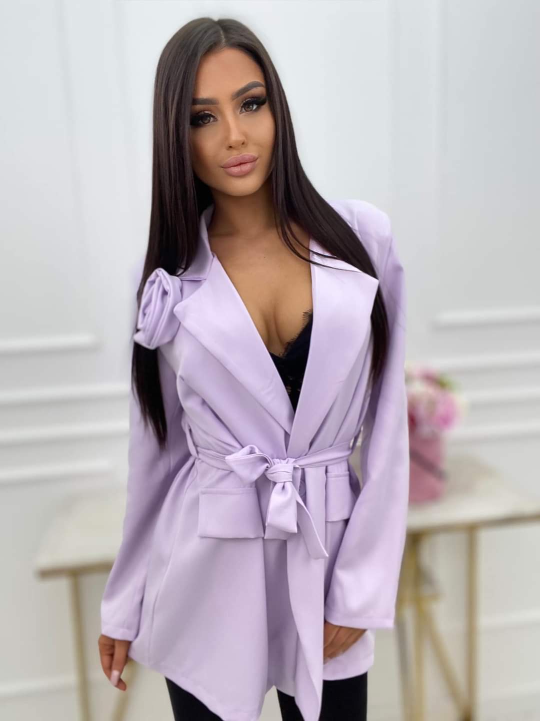 Light Lilac Blazer With 3D Rose Button Up And With Belt One Size 8-14 UK