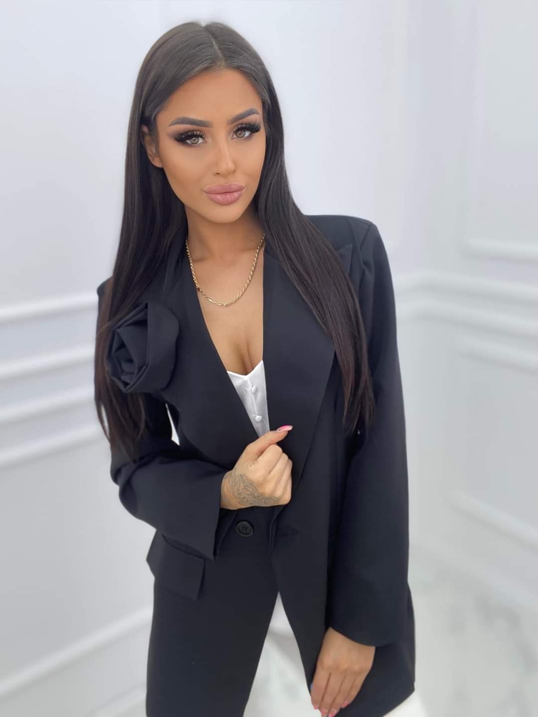 Black Two Piece Suit Set, Long Blazer With Wide Leg Trousers One Size 8-12 UK