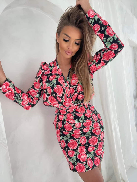 Black Fitted Mini Dress Rose Patter With Long Sleeve One Size