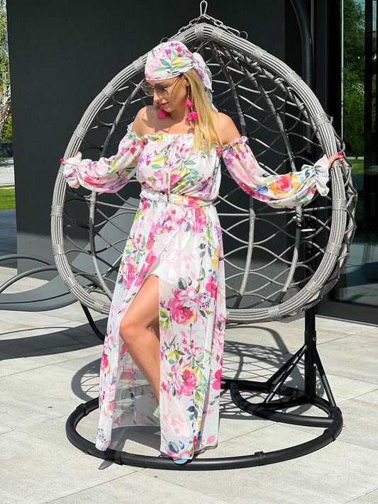 Long Summer Off Shoulder Bardot Pink Dress Floral Pattern