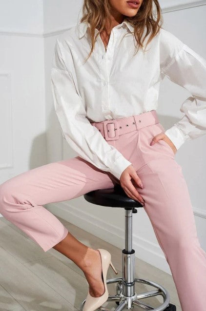 Baby Pink High Waist Tapered Elegant Trousers With Pockets And Belt