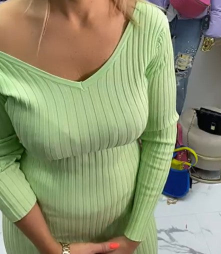 Summer style knitted, ribbed dress white and lime