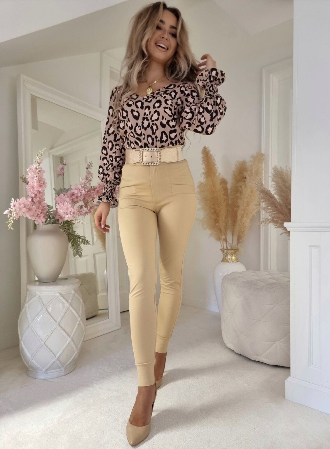 Camel Elegant Leopard Print Blouse, Top