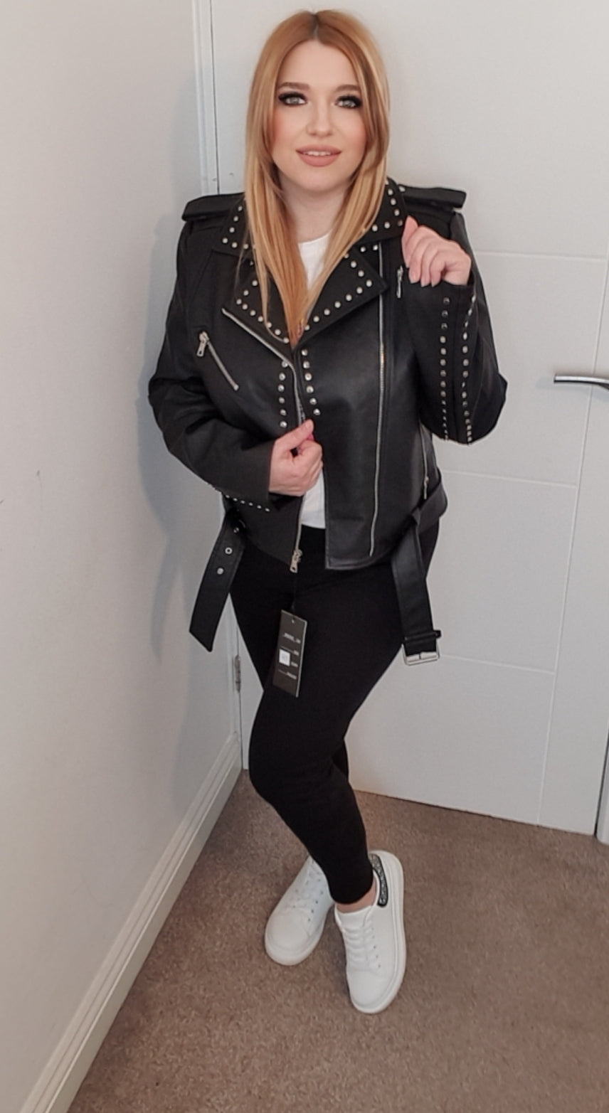 Black Faux Leather Biker Jacket With Silver Studs