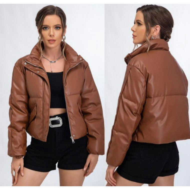 Faux leather short bomber jacket in camel