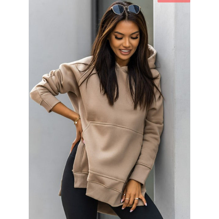 Women's tracksuit top, hoodie camel with pocket and splits on sides