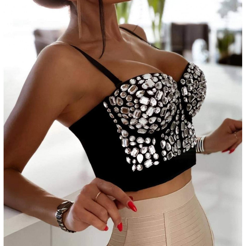 Black Corset Bustier Crop Top with Clear Rhinestones