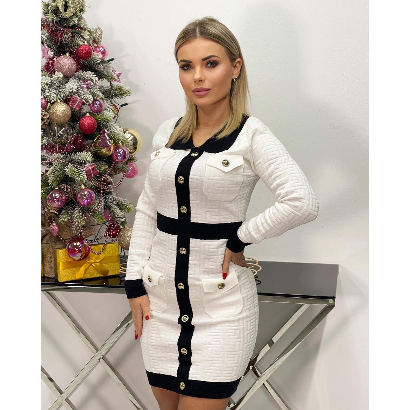 Knitted mini dress with gold buttons