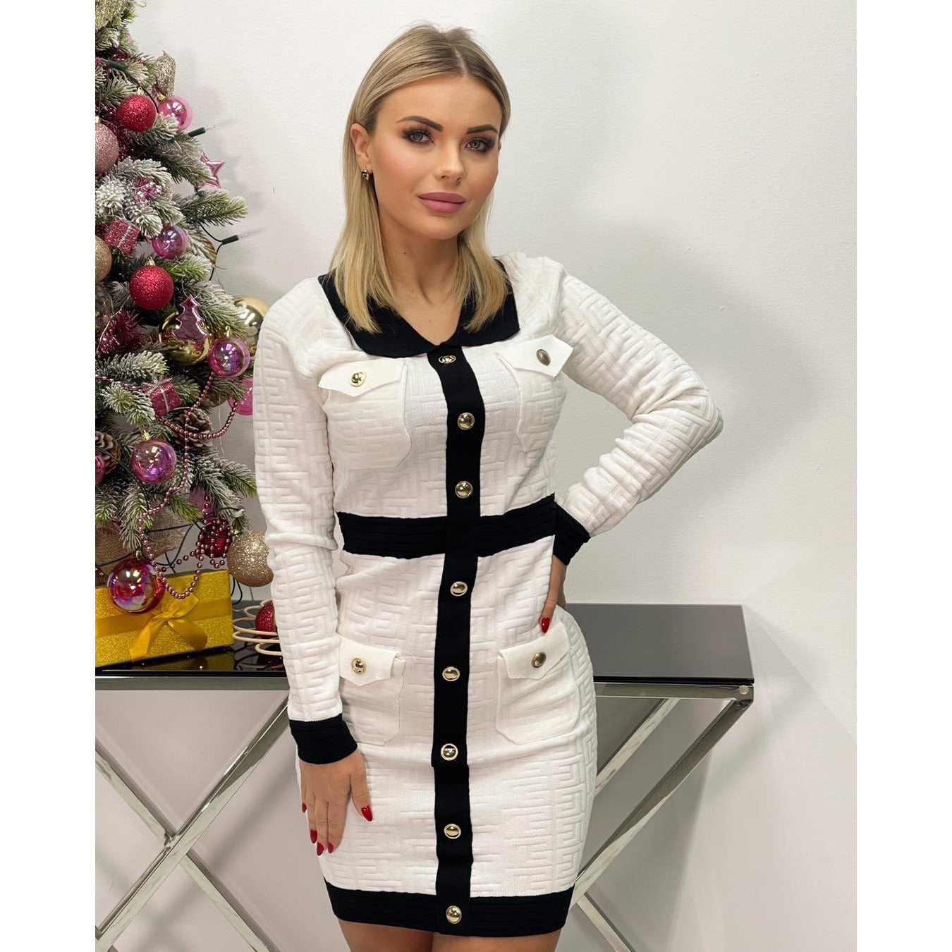 Knitted mini dress with gold buttons