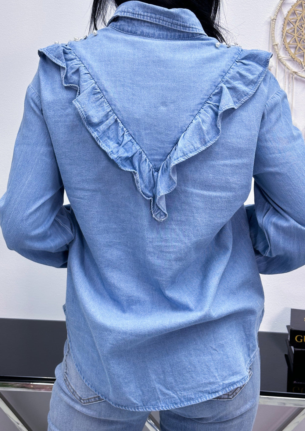 Blue Denim Smart Shirt With Decorative Beads