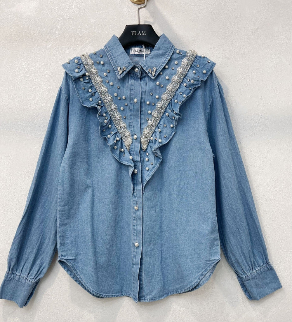 Blue Denim Smart Shirt With Decorative Beads