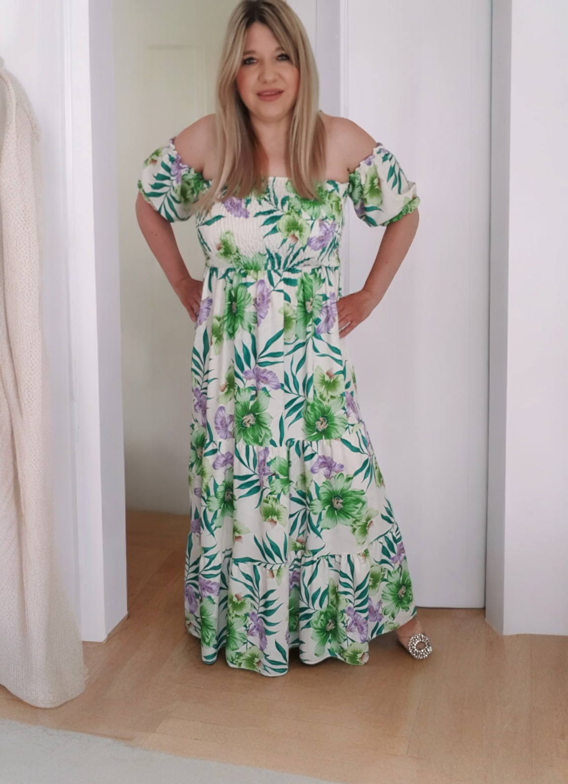 Green Floral Print A-line Off Shoulder Maxi Dress