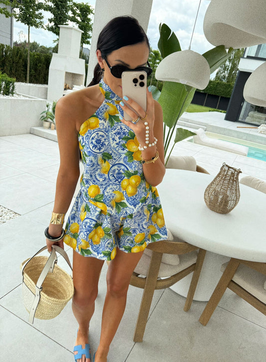La Milla Blue Lemon Print Two Piece Coord Set Top And Shorts M/L