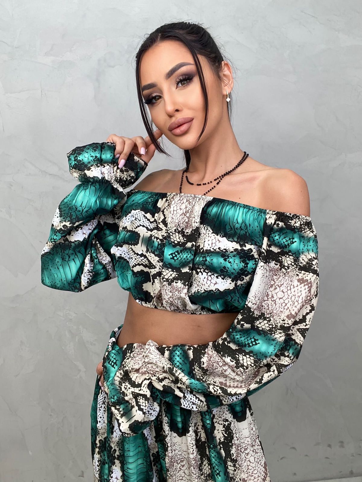 Snake Print Two Piece Coord Set Long Sleeve Crop Top And Long Trousers