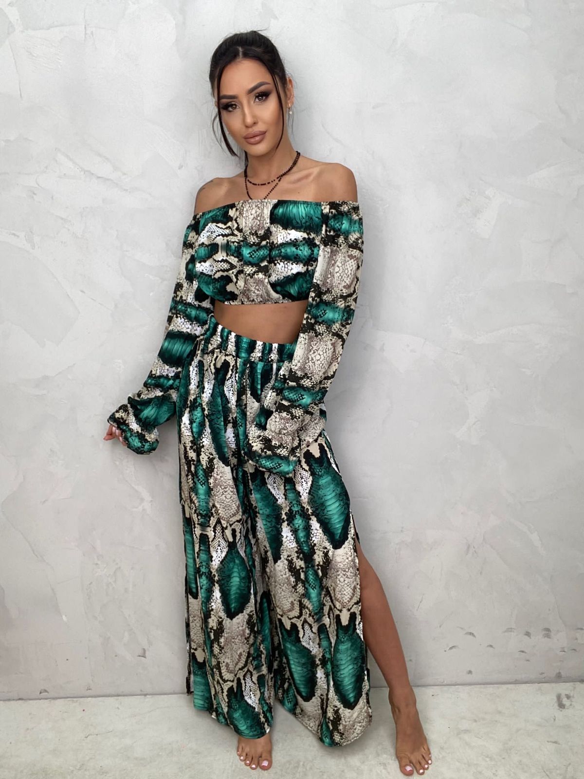 Snake Print Two Piece Coord Set Long Sleeve Crop Top And Long Trousers