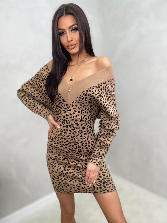 Camel Short Leopard Pattern V Neck Jumper Dress