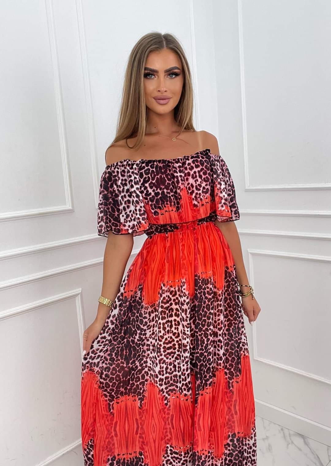 Red Leopard Print Maxi Off Shoulder Dress With Leg Split