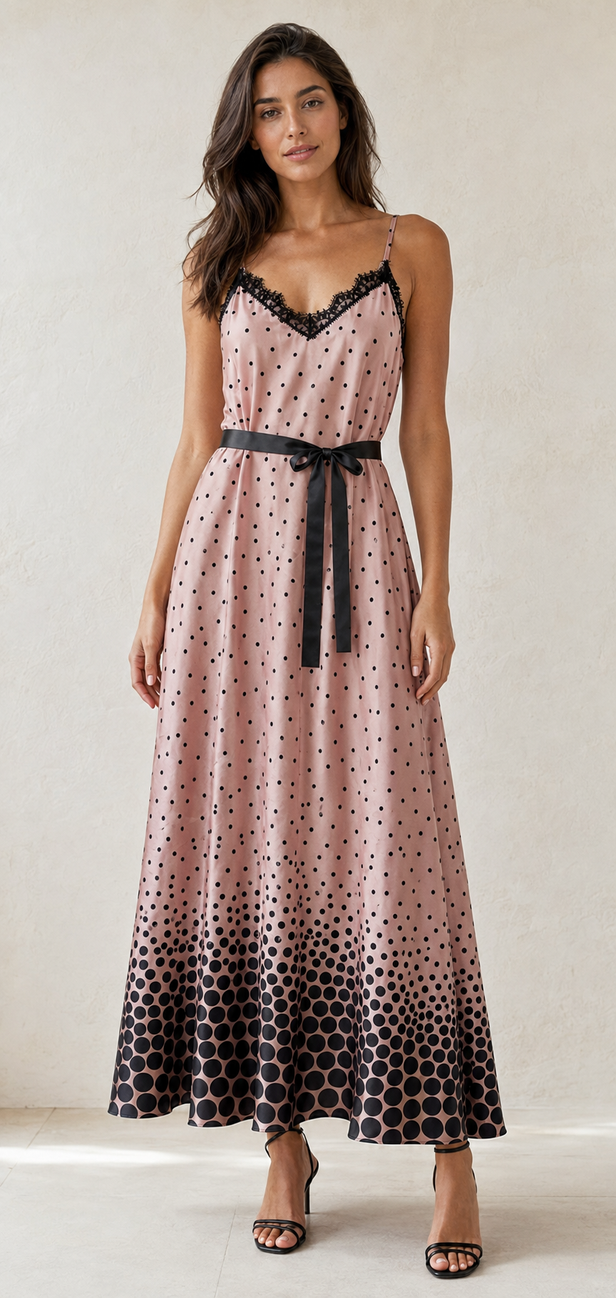Maxi Satin Strap Polka Dot Dress