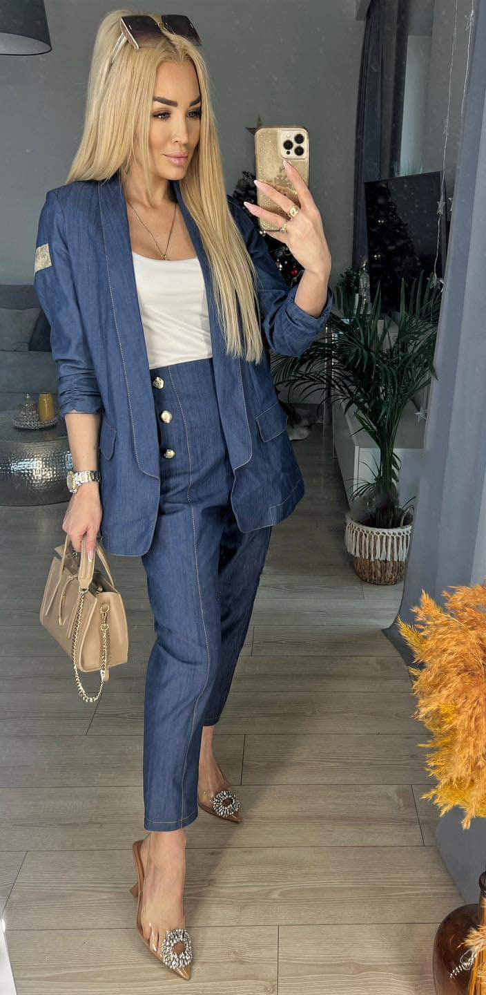 Blue Jeans Style Suit Open Blazer with High Waisted Cigarette Trousers