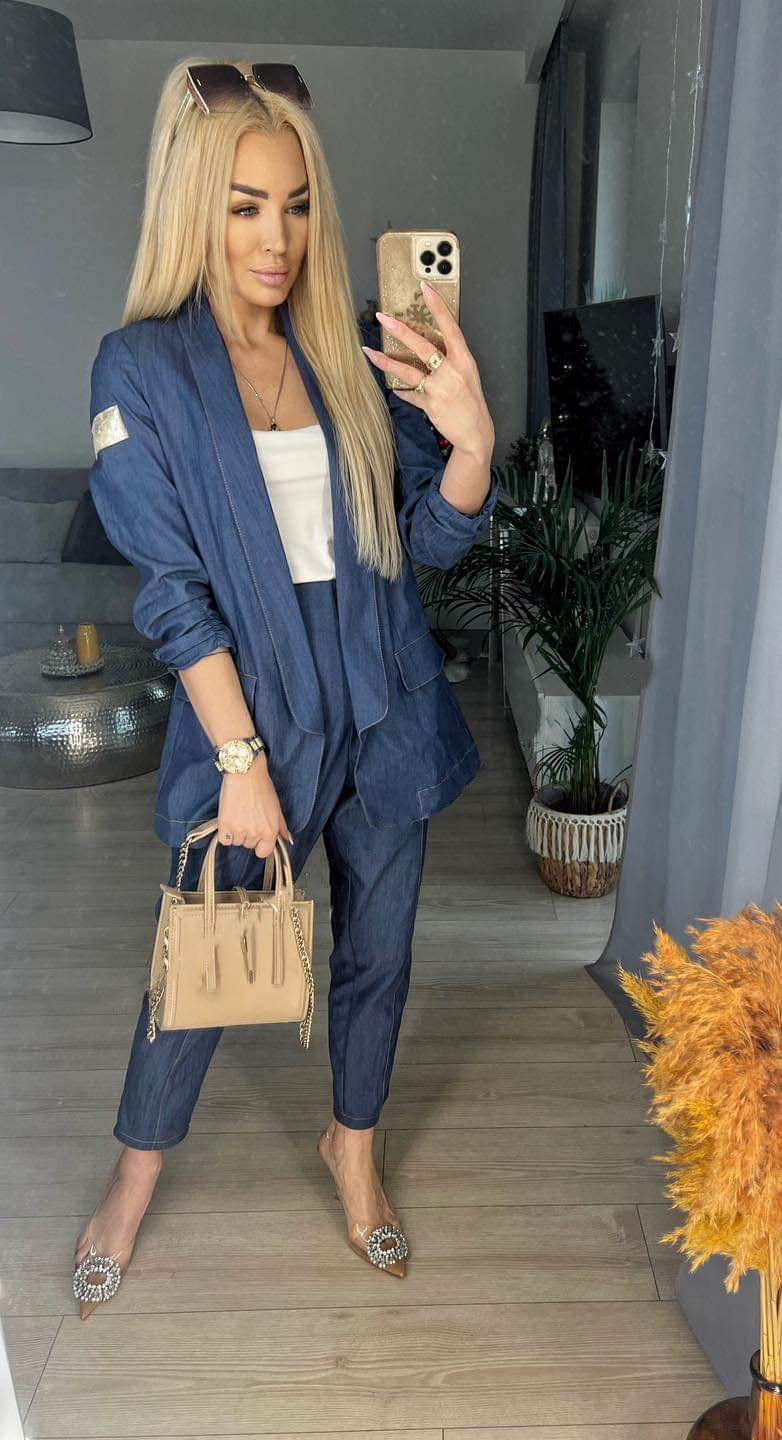 Blue Jeans Style Suit Open Blazer with High Waisted Cigarette Trousers