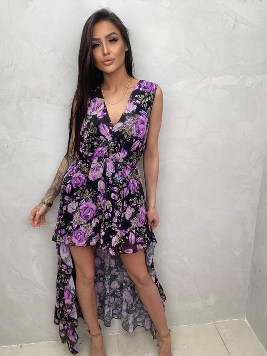 Black A Line Asymmetrical Dress Floral Print One Size