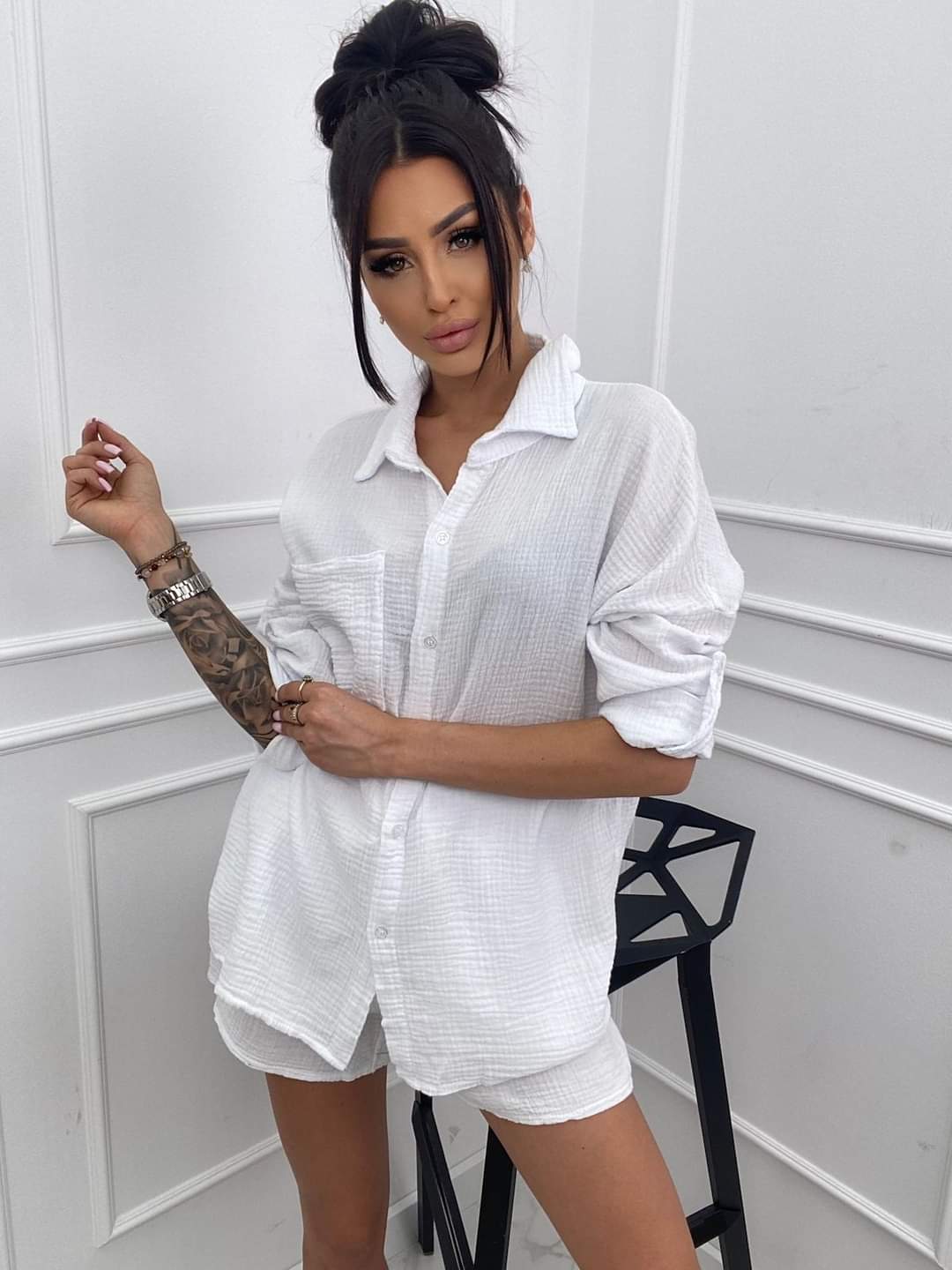 White Muslin Two Piece Set Shirt And Shorts One Size